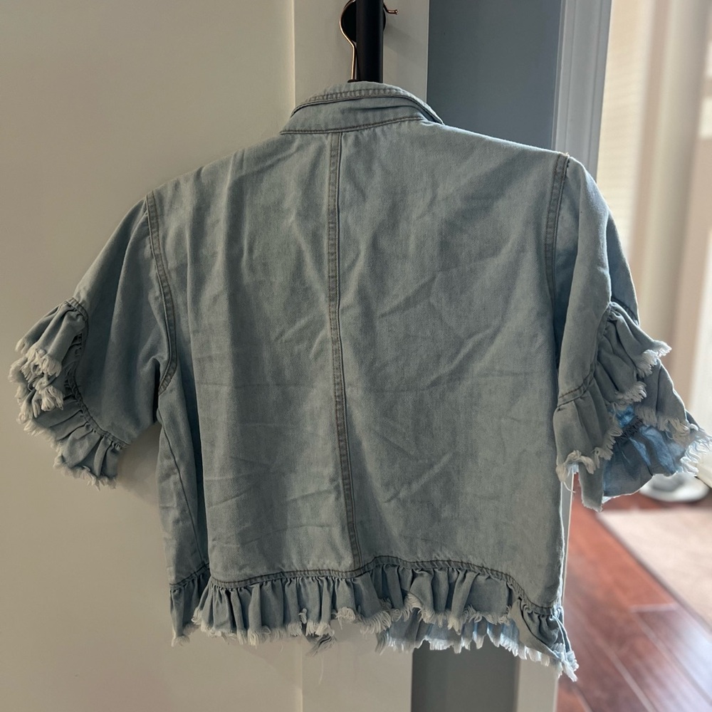 Classic Blue Jean Jacket with Distressed Details - Short Sleeves! - Picture 3 of 6